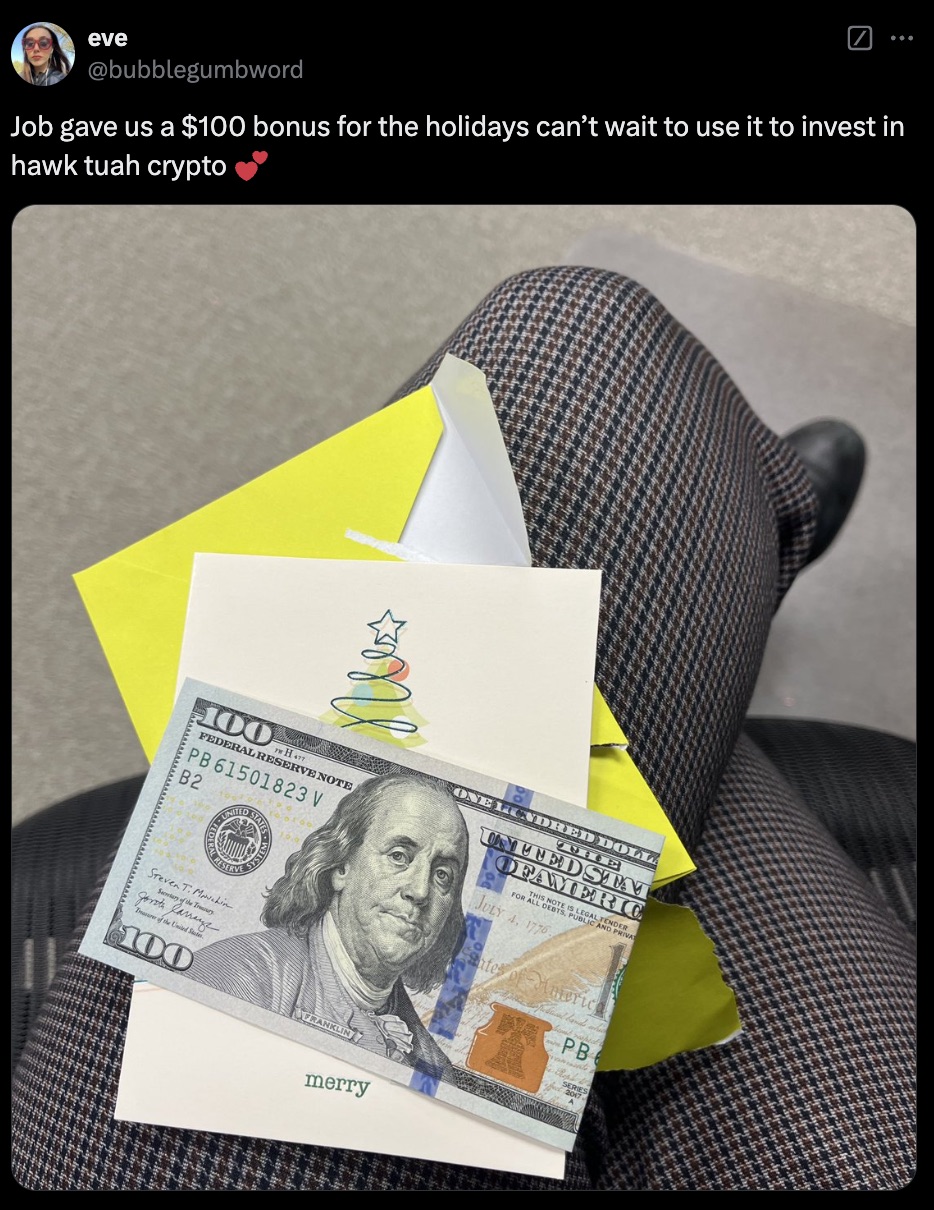 cash - eve Job gave us a $100 bonus for the holidays can't wait to use it to invest in hawk tuah crypto 100 Pwh 477 Federal Reserve Note P861501823 V 82 United State Reserve Steven T. Machin Smary of the Try gorote farrays Tar of the United States 100 Sys